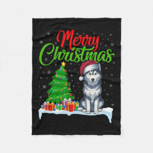 Siberian Husky Dog Christmas Tree Light Funny Xmas Fleece Blanket