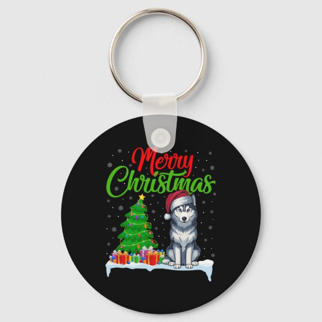 Siberian Husky Dog Christmas Tree Light Funny Xmas Key Ring (Front)