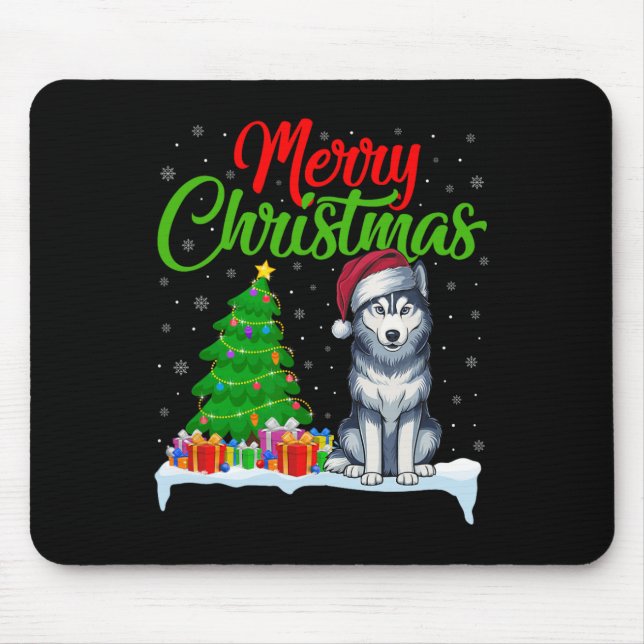 Siberian Husky Dog Christmas Tree Light Funny Xmas Mouse Pad (Front)