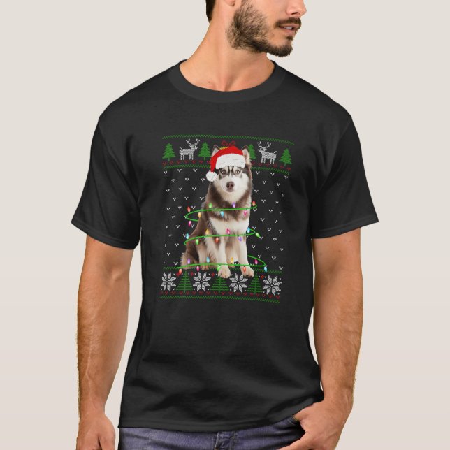 Siberian Husky Dog Christmas Tree Lights Puppy Dog T-Shirt (Front)