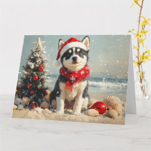 Siberian Husky Dog Christmas Vintage Beach Card