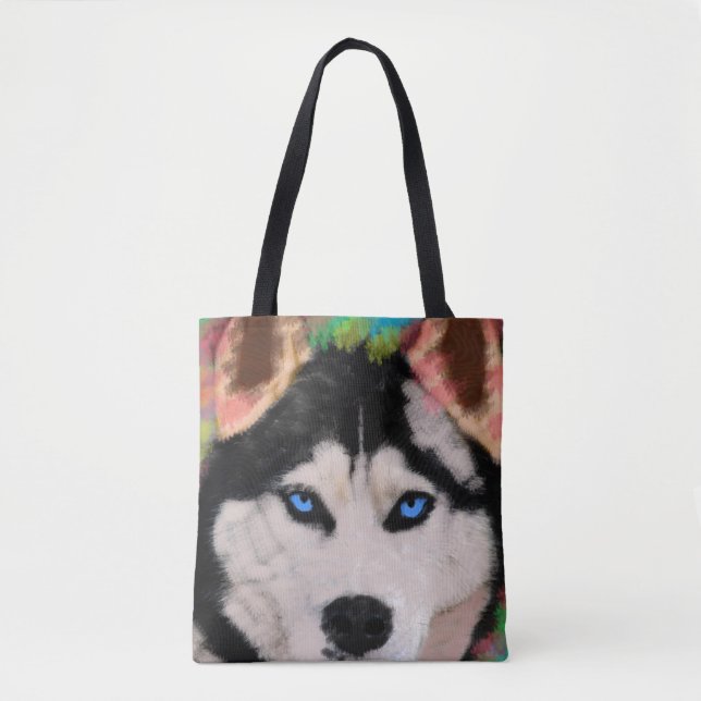 Siberian Husky Dog Colourful Art Water Colour Pain Tote Bag (Front)