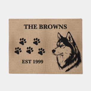 Siberian Husky Dog & Custom Family Name Welcome Doormat
