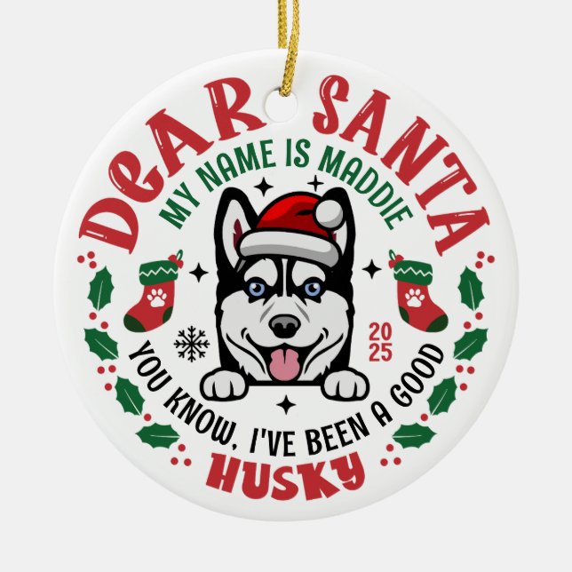 Siberian Husky Dog Custom Name Christmas Round Ceramic Ornament (Front)