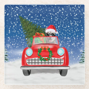 Siberian Husky Dog Driving Car In Snow Christmas Glass Coaster