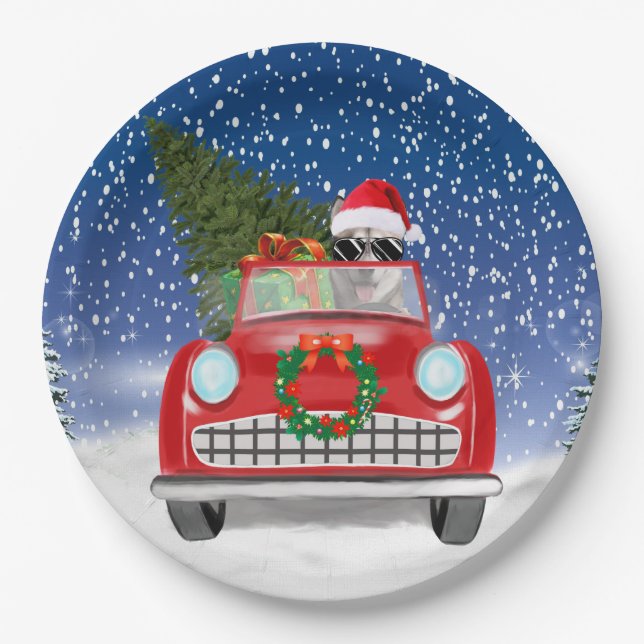 Siberian Husky Dog Driving Car In Snow Christmas Paper Plate (Front)