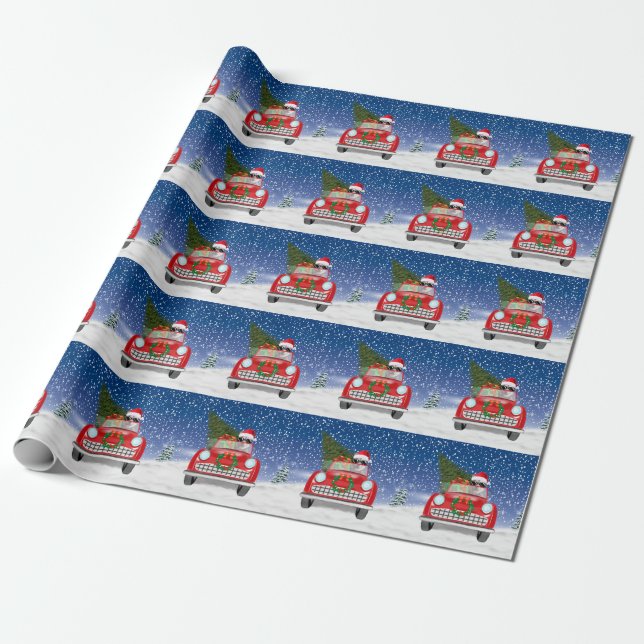 Siberian Husky Dog Driving Car In Snow Christmas Wrapping Paper (Unrolled)