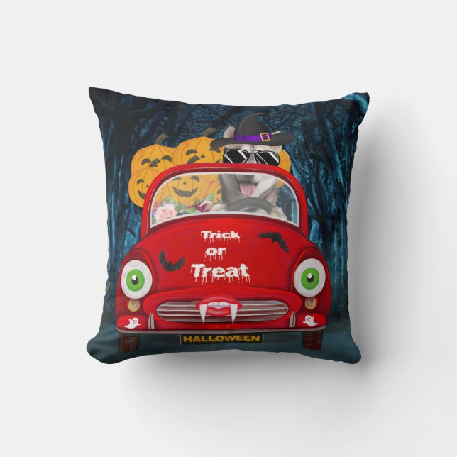 Siberian Husky Dog Driving Car Scary Halloween Cushion (Front)
