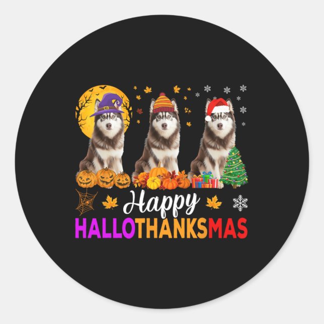 Siberian Husky Dog Halloween Christmas Hallothanks Classic Round Sticker (Front)
