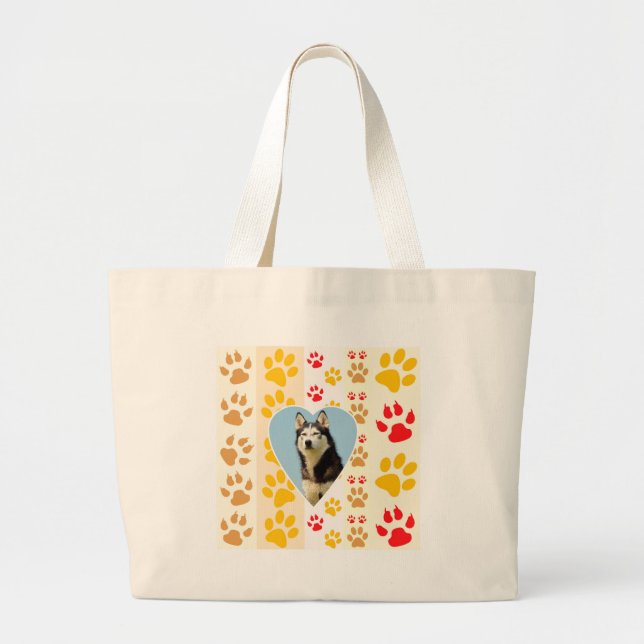 Siberian Husky Dog Heart Paws Print Large Tote Bag (Front)