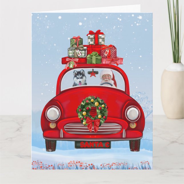 Siberian Husky Dog In Car With Santa Claus  Card (Front)