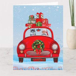 Siberian Husky Dog In Car With Santa Claus  Card