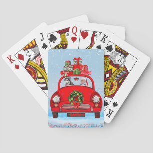 Siberian Husky Dog In Car With Santa Claus Playing Cards