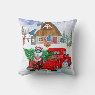 Siberian Husky Dog In Christmas Delivery Truck Cushion