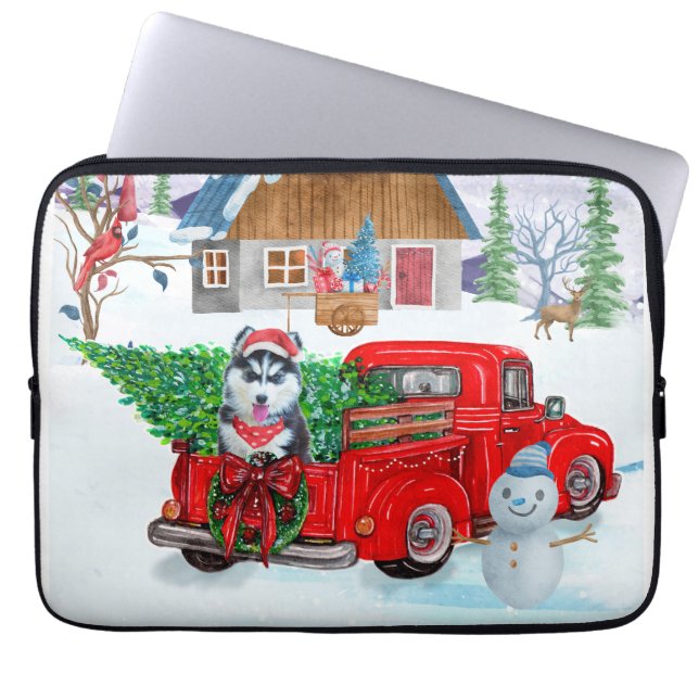 Siberian Husky Dog In Christmas Delivery Truck Laptop Sleeve (Front)