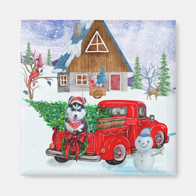 Siberian Husky Dog In Christmas Delivery Truck Magnet (Front)