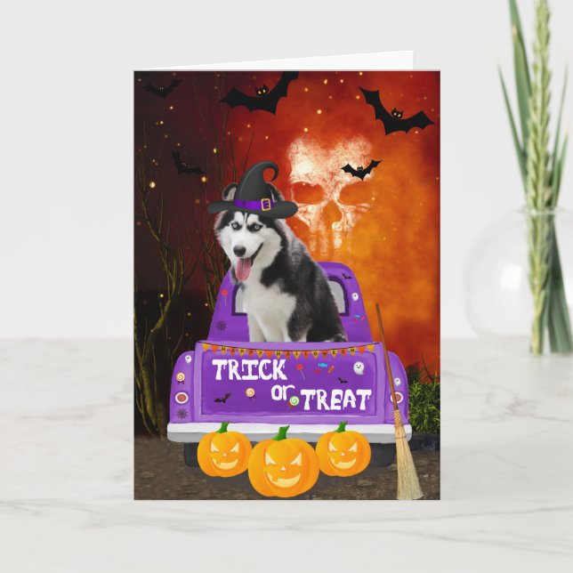 siberian husky Dog in Halloween Truck Card (Front)
