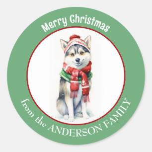 Siberian Husky Dog in Red Christmas Scarf and Hat Classic Round Sticker