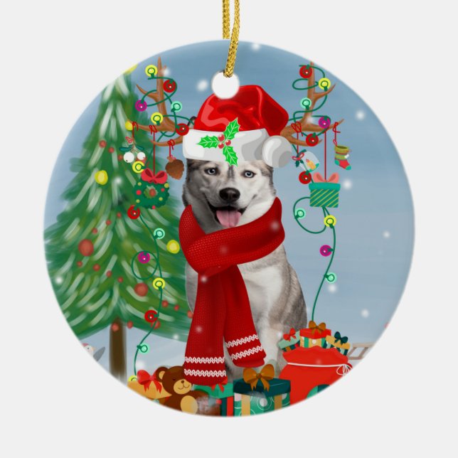 Siberian Husky Dog in Snow Christmas  Ceramic Ornament (Front)