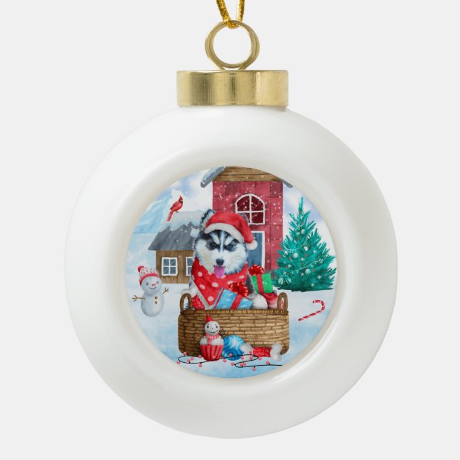 Siberian Husky Dog In snow Christmas Dog House Ceramic Ball Christmas Ornament (Front)