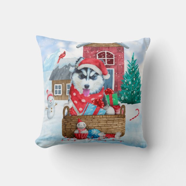 Siberian Husky Dog In snow Christmas Dog House Cushion (Front)