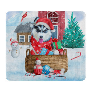 Siberian Husky Dog In snow Christmas Dog House Cutting Board