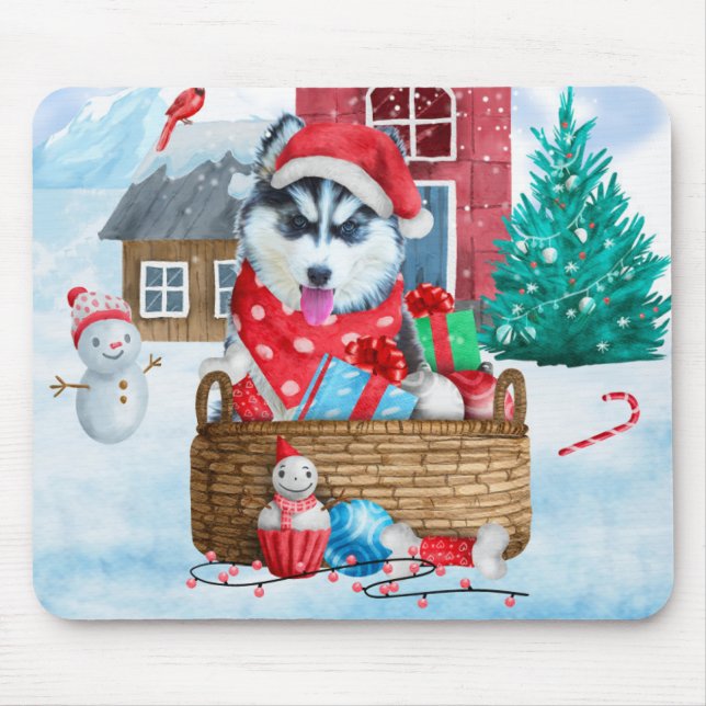 Siberian Husky Dog In snow Christmas Dog House Mouse Pad (Front)