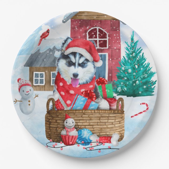 Siberian Husky Dog In snow Christmas Dog House Paper Plate (Front)