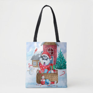 Siberian Husky Dog In snow Christmas Dog House Tote Bag