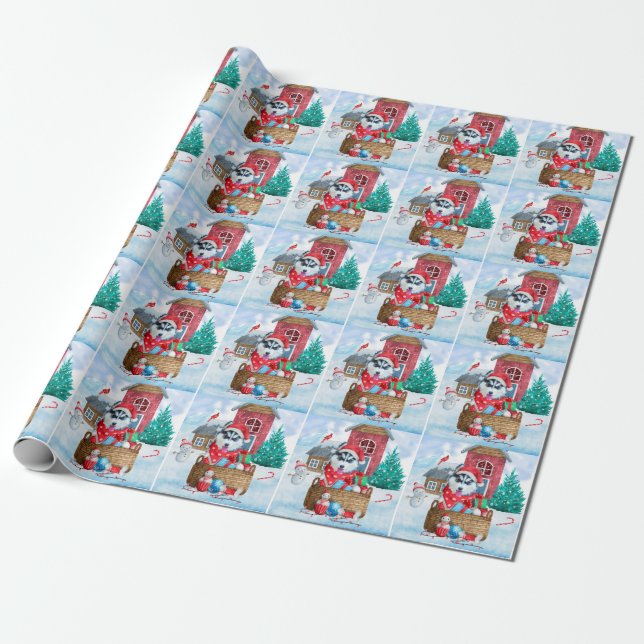 Siberian Husky Dog In snow Christmas Dog House Wrapping Paper (Unrolled)