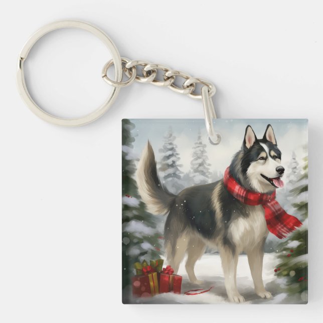 Siberian Husky Dog in Snow Christmas Key Ring (Front)