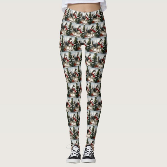 Siberian Husky Dog in Snow Christmas Leggings (Front)
