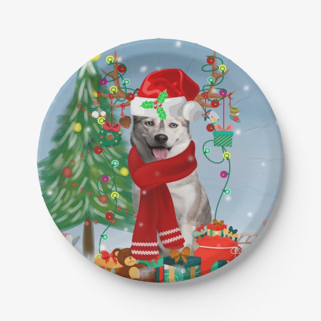 Siberian Husky Dog in Snow Christmas  Paper Plate (Front)