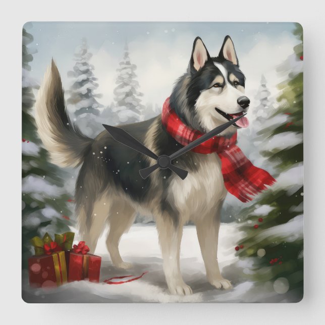 Siberian Husky Dog in Snow Christmas Square Wall Clock (Front)