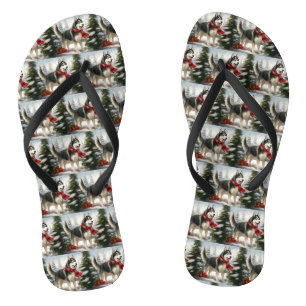 Siberian Husky Dog in Snow Christmas Thongs