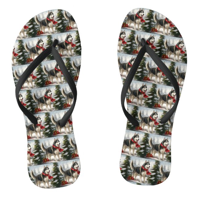 Siberian Husky Dog in Snow Christmas Thongs (Footbed)