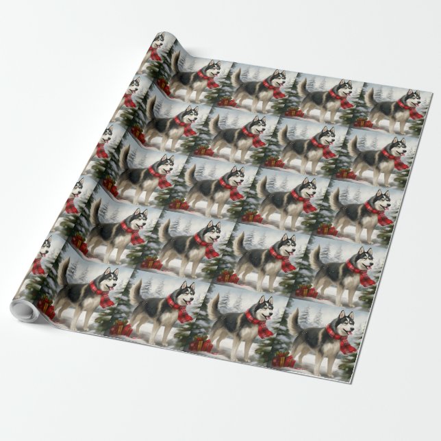 Siberian Husky Dog in Snow Christmas Wrapping Paper (Unrolled)