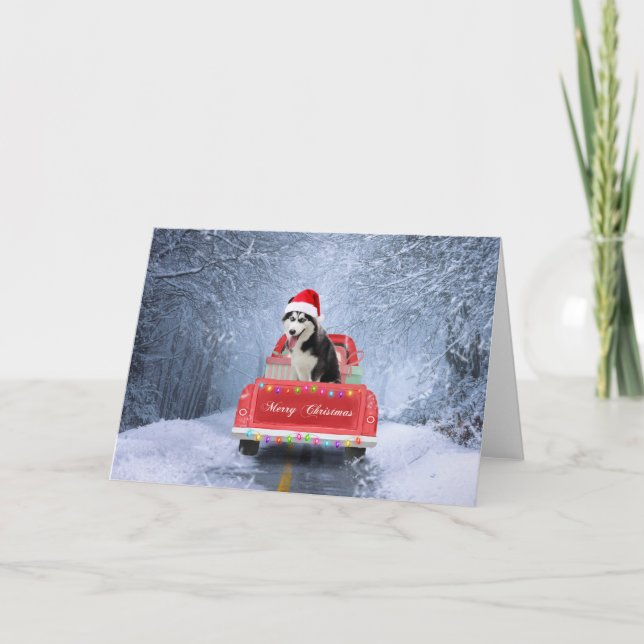 Siberian Husky Dog in Snow sitting Christmas Truck Card (Front)
