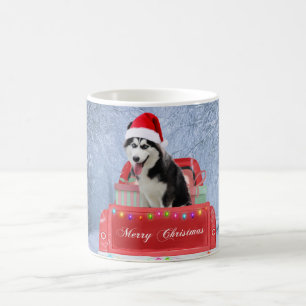 Siberian Husky Dog in Snow sitting Christmas Truck Coffee Mug
