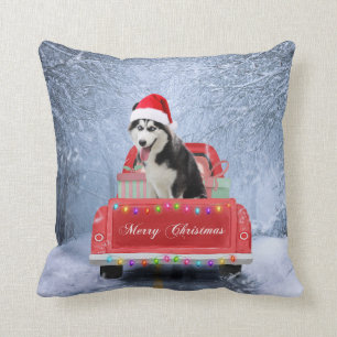 Siberian Husky Dog in Snow sitting Christmas Truck Cushion