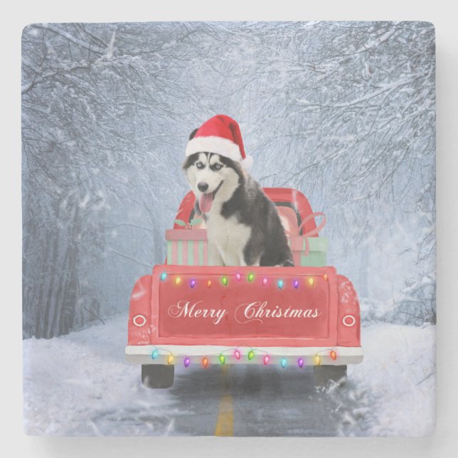 Siberian Husky Dog in Snow sitting Christmas Truck Stone Coaster (Front)
