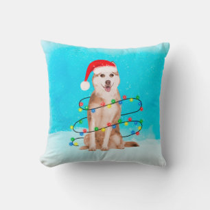 Siberian Husky Dog in snow with Christmas Hat Cushion