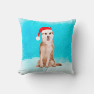 Siberian Husky Dog In Snow with Christmas Hat Cushion