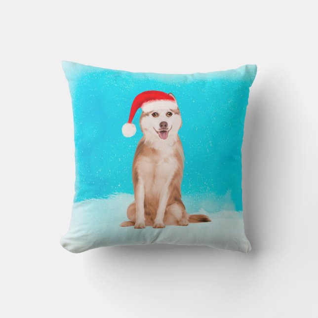 Siberian Husky Dog In Snow with Christmas Hat Cushion (Front)