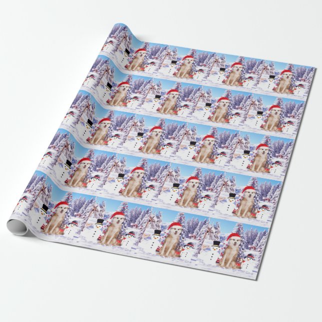 Siberian Husky Dog In Snow with Santa Hat Lights Wrapping Paper (Unrolled)