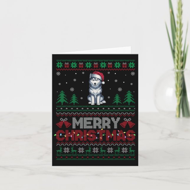 Siberian Husky Dog Lovers Santa Hat Christmas Tree Card (Front)