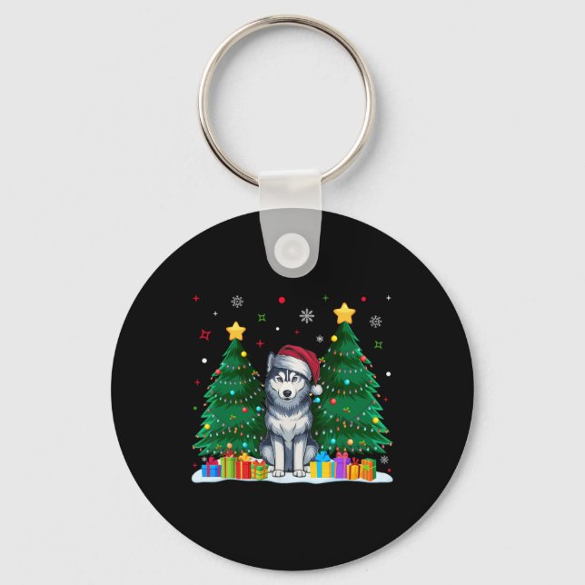 Siberian Husky Dog Lovers Santa Hat Ugly Christmas Key Ring (Front)