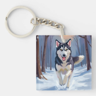 Siberian Husky Dog Painting Winter Key Ring