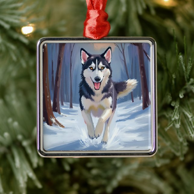 Siberian Husky | Dog Painting Winter Metal Ornament (Tree)