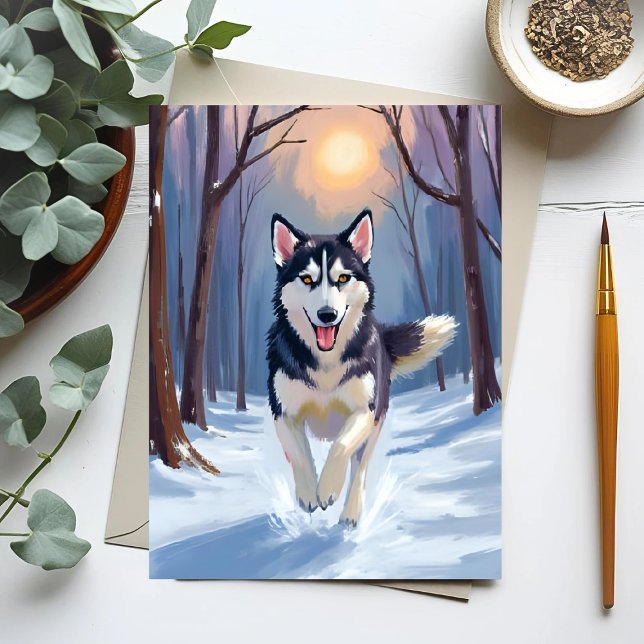Siberian Husky Dog Painting Winter Postcard (Creator Uploaded)